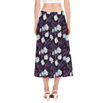 White And Purple Tulip Pattern Print Side Slit Midi Skirt