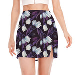 White And Purple Tulip Pattern Print Side Slit Mini Skirt