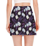 White And Purple Tulip Pattern Print Side Slit Mini Skirt