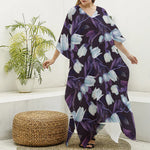 White And Purple Tulip Pattern Print Silk V-Neck Kaftan Dress