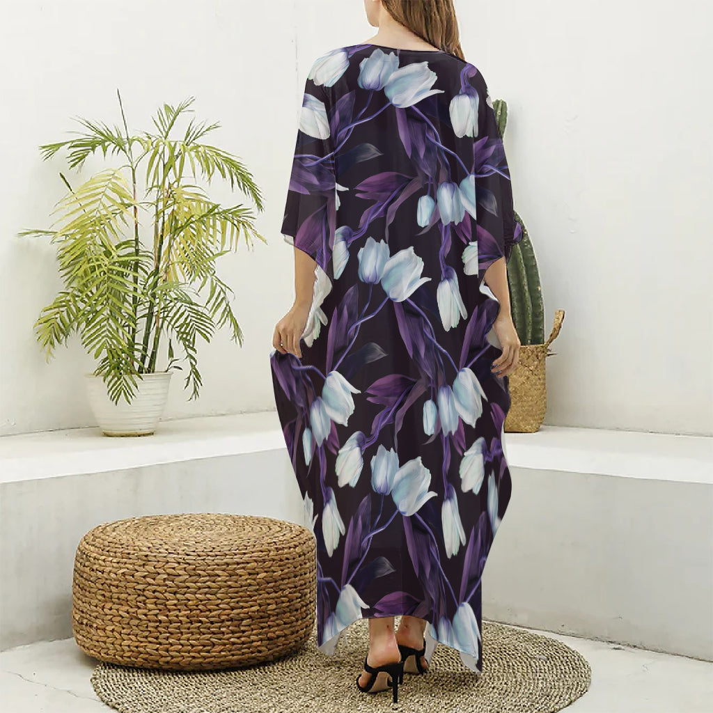 White And Purple Tulip Pattern Print Silk V-Neck Kaftan Dress