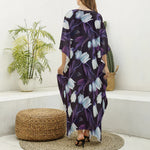 White And Purple Tulip Pattern Print Silk V-Neck Kaftan Dress