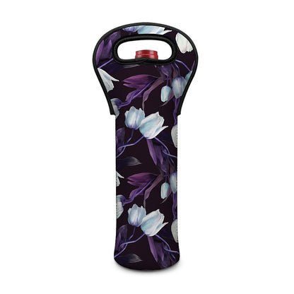White And Purple Tulip Pattern Print Single Neoprene Wine Tote