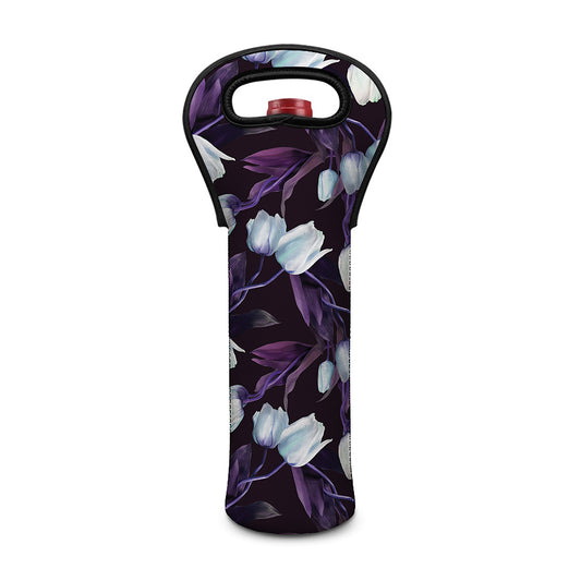 White And Purple Tulip Pattern Print Single Neoprene Wine Tote