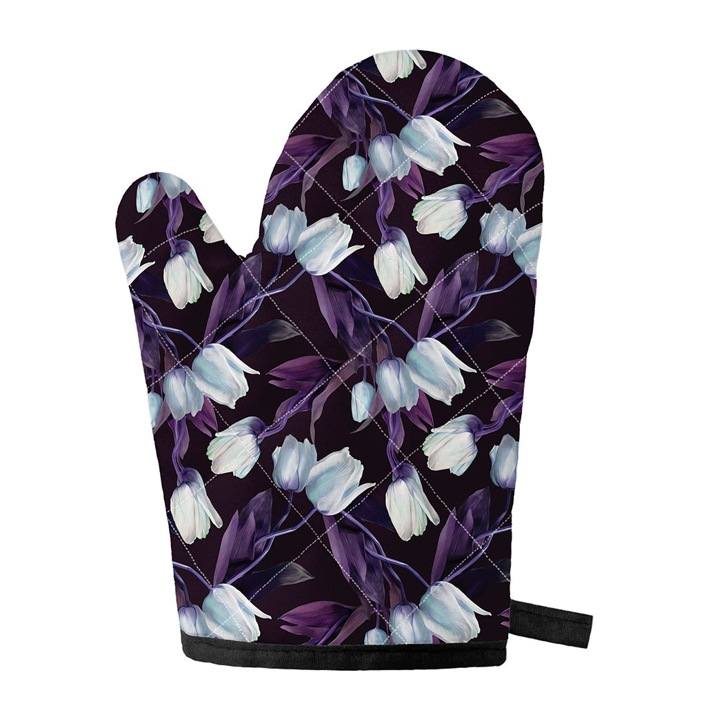 White And Purple Tulip Pattern Print Single Oven Mitt