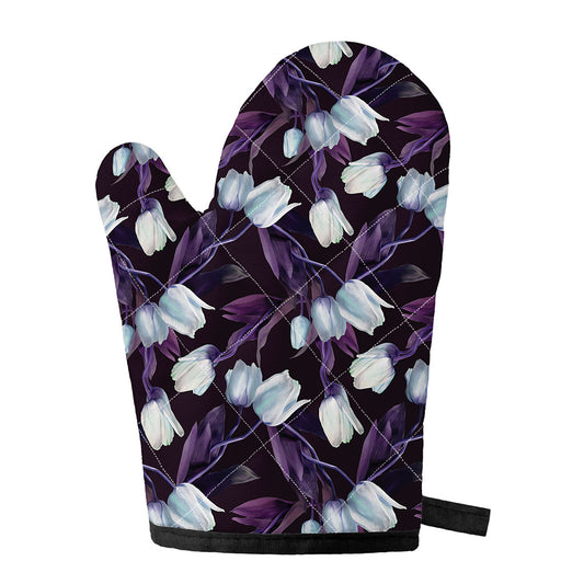 White And Purple Tulip Pattern Print Single Oven Mitt