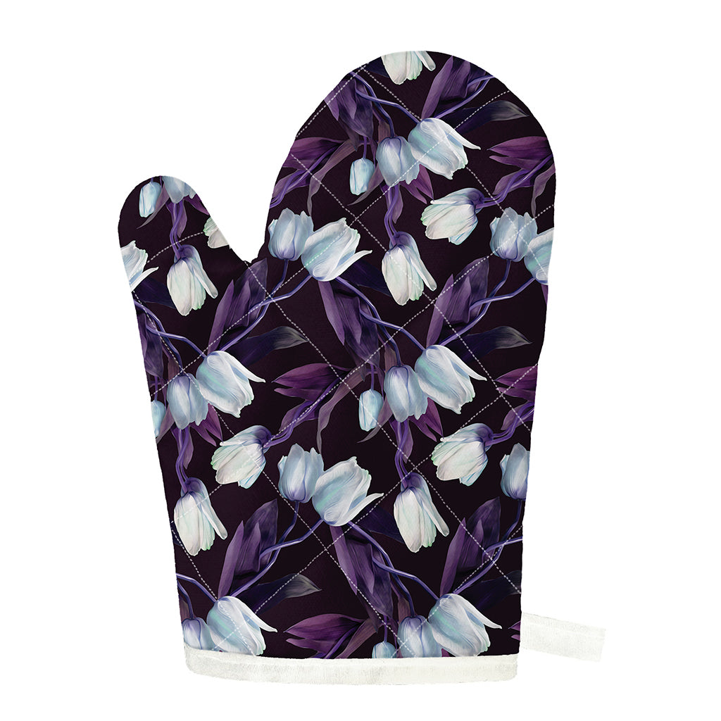 White And Purple Tulip Pattern Print Single Oven Mitt