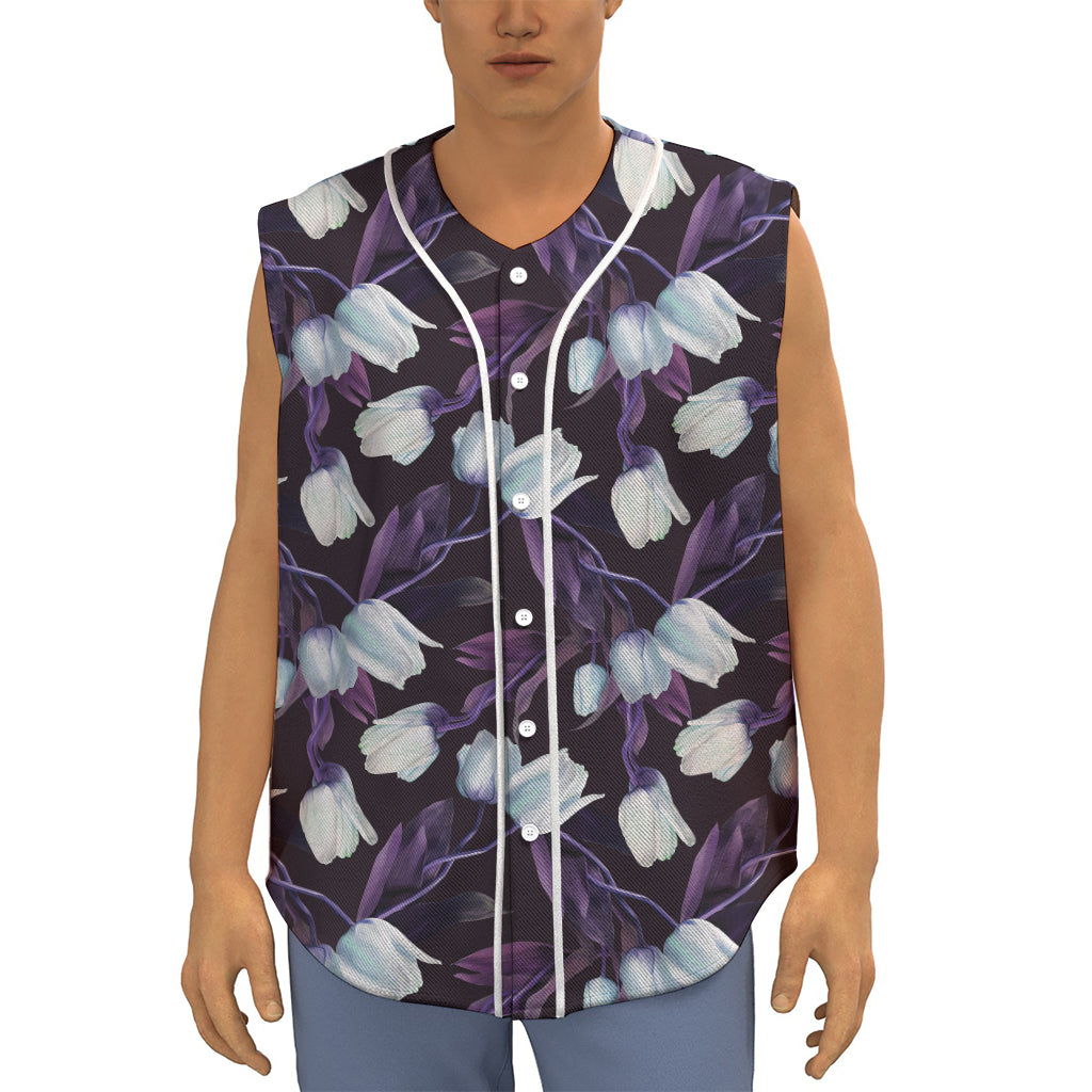 White And Purple Tulip Pattern Print Sleeveless Baseball Jersey
