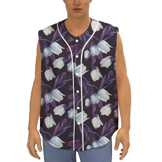 White And Purple Tulip Pattern Print Sleeveless Baseball Jersey