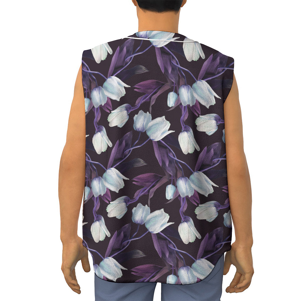 White And Purple Tulip Pattern Print Sleeveless Baseball Jersey