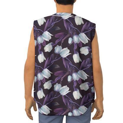 White And Purple Tulip Pattern Print Sleeveless Baseball Jersey