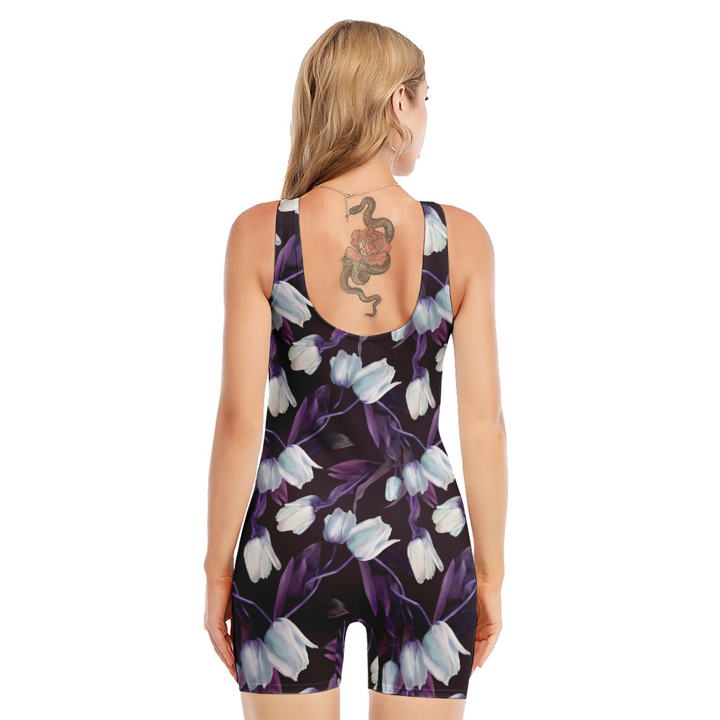 White And Purple Tulip Pattern Print Sleeveless One Piece Swimsuit