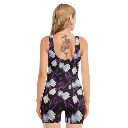 White And Purple Tulip Pattern Print Sleeveless One Piece Swimsuit