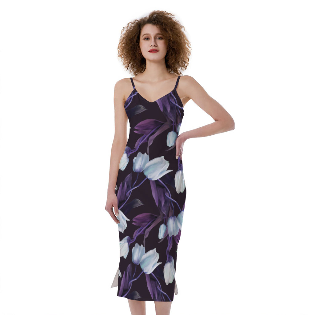 White And Purple Tulip Pattern Print Slim Fit Midi Cami Dress