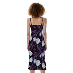 White And Purple Tulip Pattern Print Slim Fit Midi Cami Dress