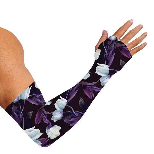 White And Purple Tulip Pattern Print Sun Protection Arm Sleeves