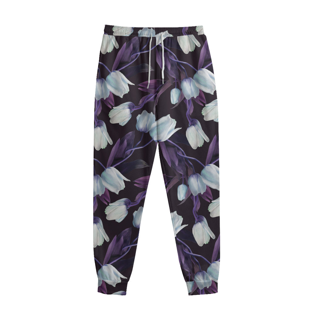 White And Purple Tulip Pattern Print Sweatpants