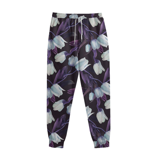 White And Purple Tulip Pattern Print Sweatpants
