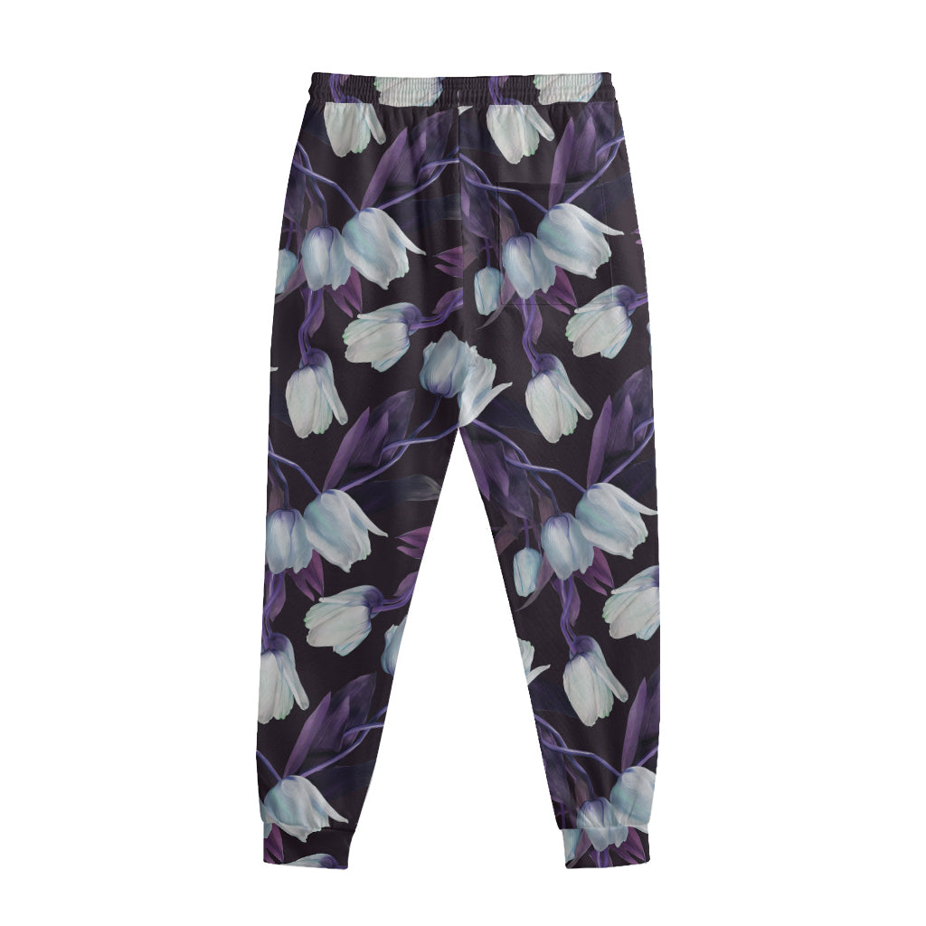 White And Purple Tulip Pattern Print Sweatpants