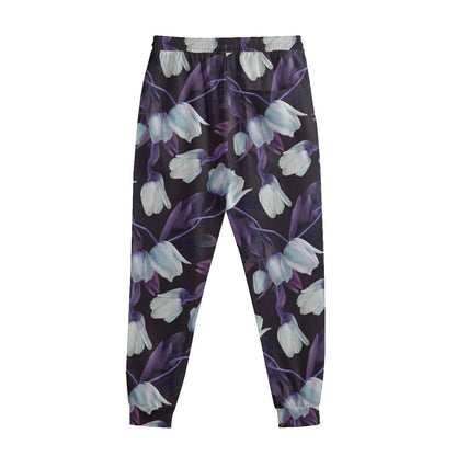 White And Purple Tulip Pattern Print Sweatpants