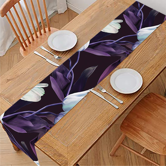 White And Purple Tulip Pattern Print Table Runner