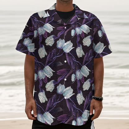 White And Purple Tulip Pattern Print Textured Short Sleeve Shirt