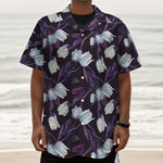 White And Purple Tulip Pattern Print Textured Short Sleeve Shirt