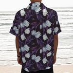 White And Purple Tulip Pattern Print Textured Short Sleeve Shirt