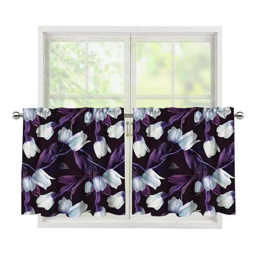 White And Purple Tulip Pattern Print Tier Curtains