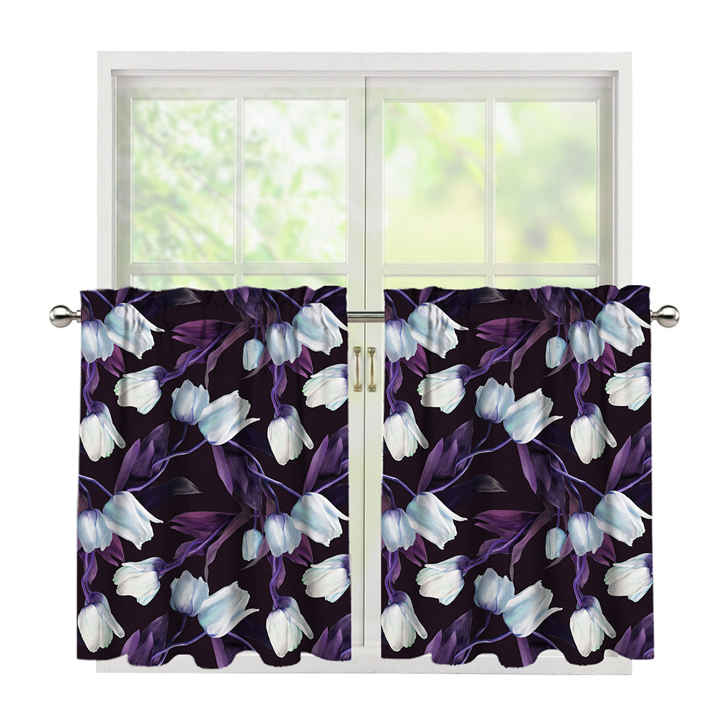 White And Purple Tulip Pattern Print Tier Curtains