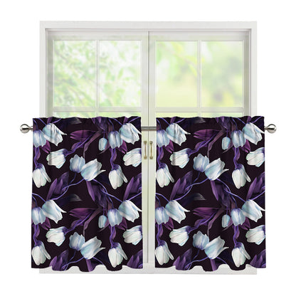 White And Purple Tulip Pattern Print Tier Curtains