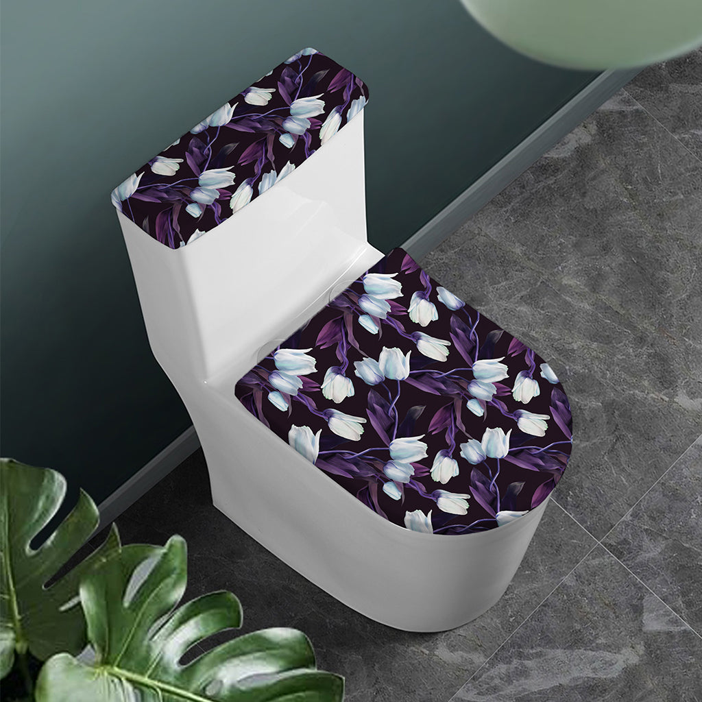 White And Purple Tulip Pattern Print Toilet Lid And Tank Cover Set