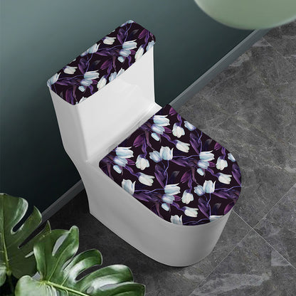White And Purple Tulip Pattern Print Toilet Lid And Tank Cover Set