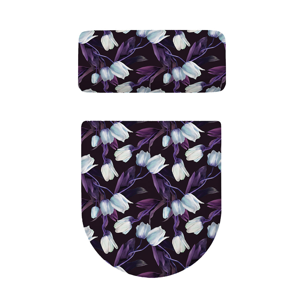 White And Purple Tulip Pattern Print Toilet Lid And Tank Cover Set