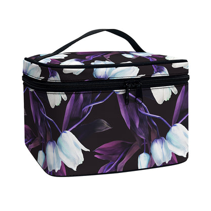 White And Purple Tulip Pattern Print Travel Makeup Bag