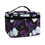 White And Purple Tulip Pattern Print Travel Makeup Bag