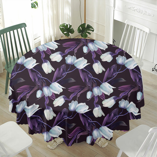 White And Purple Tulip Pattern Print Waterproof Round Tablecloth