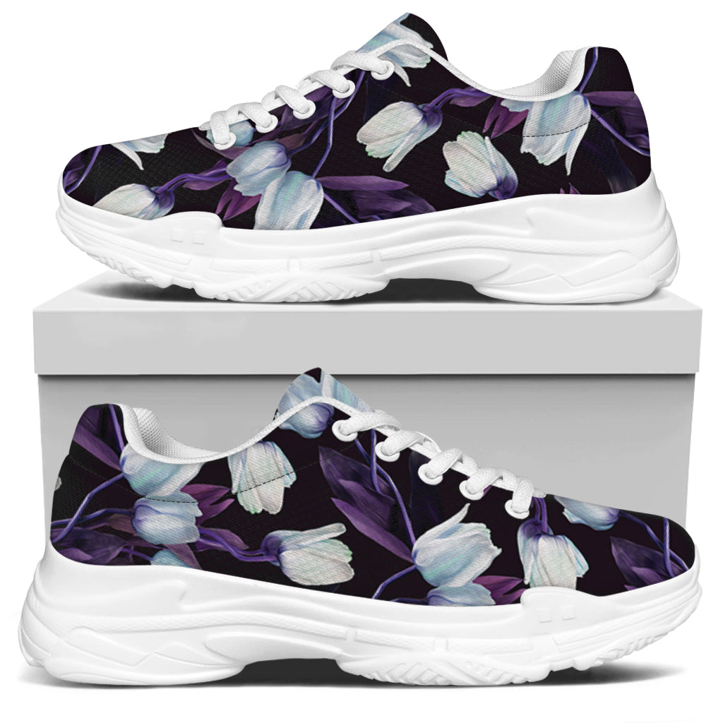 White And Purple Tulip Pattern Print White Chunky Shoes