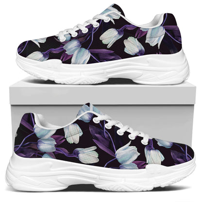White And Purple Tulip Pattern Print White Chunky Shoes