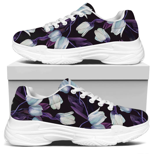 White And Purple Tulip Pattern Print White Chunky Shoes