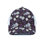 White And Purple Tulip Pattern Print White Mesh Trucker Cap