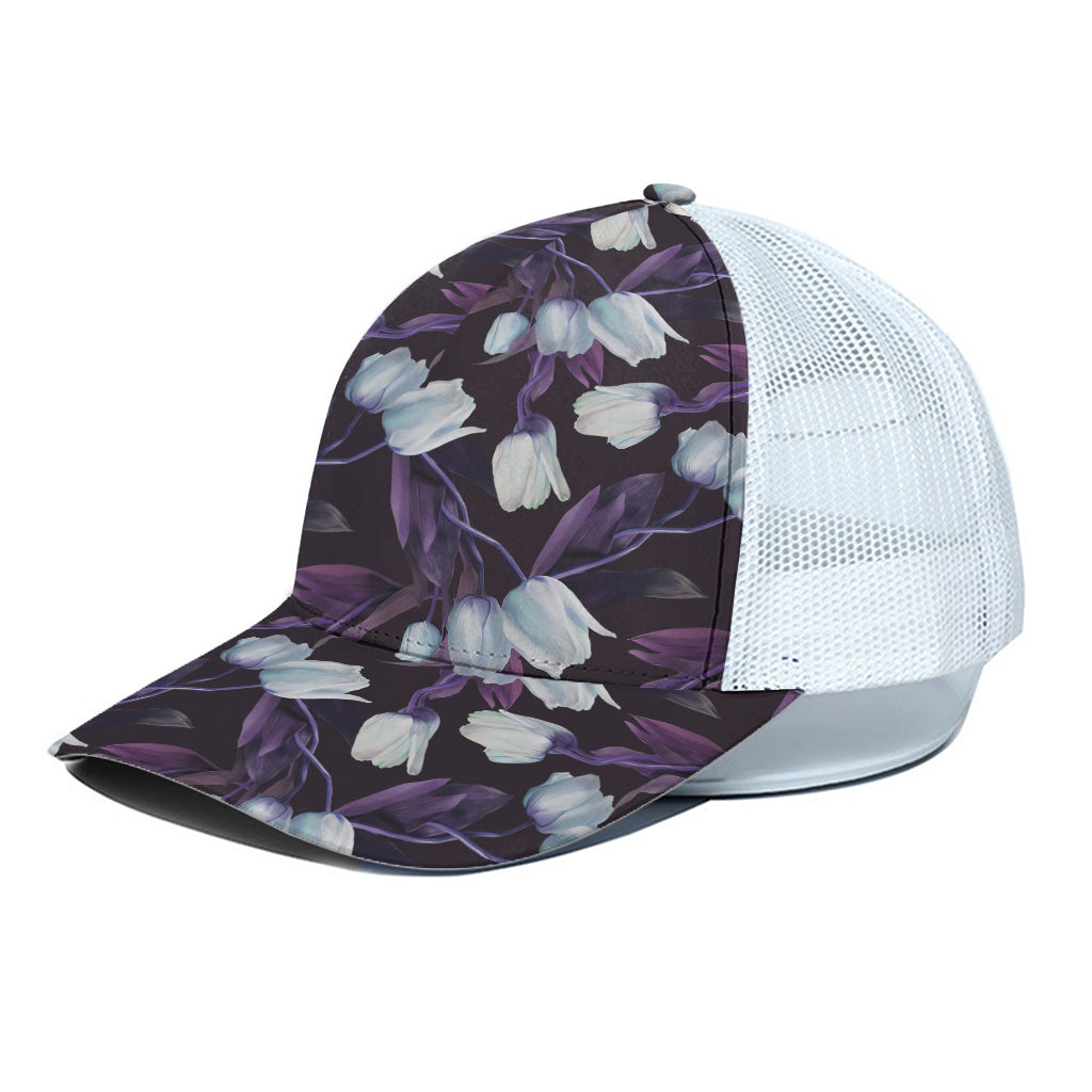 White And Purple Tulip Pattern Print White Mesh Trucker Cap