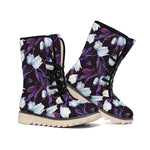 White And Purple Tulip Pattern Print Winter Boots