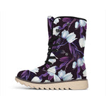 White And Purple Tulip Pattern Print Winter Boots