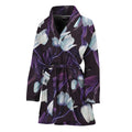 White And Purple Tulip Pattern Print Women's Bathrobe