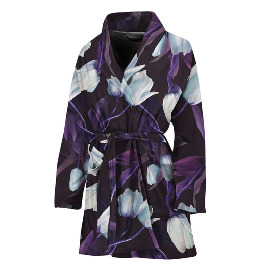 White And Purple Tulip Pattern Print Women's Bathrobe