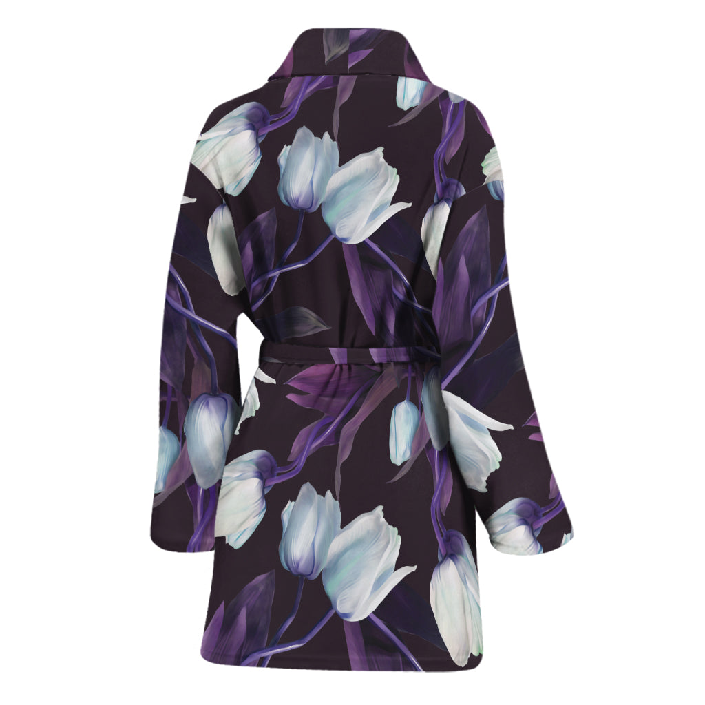 White And Purple Tulip Pattern Print Women's Bathrobe