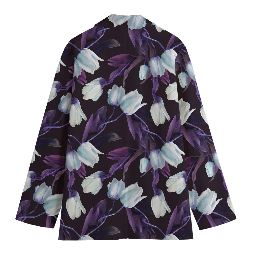 White And Purple Tulip Pattern Print Women's Blazer