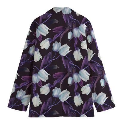 White And Purple Tulip Pattern Print Women's Blazer