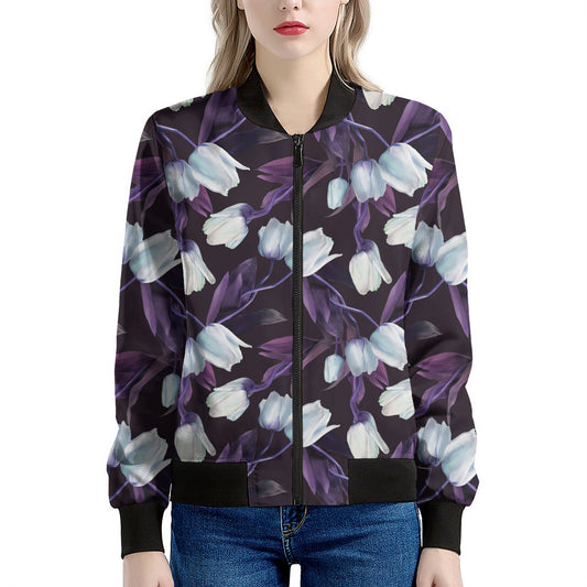 White And Purple Tulip Pattern Print Women's Bomber Jacket